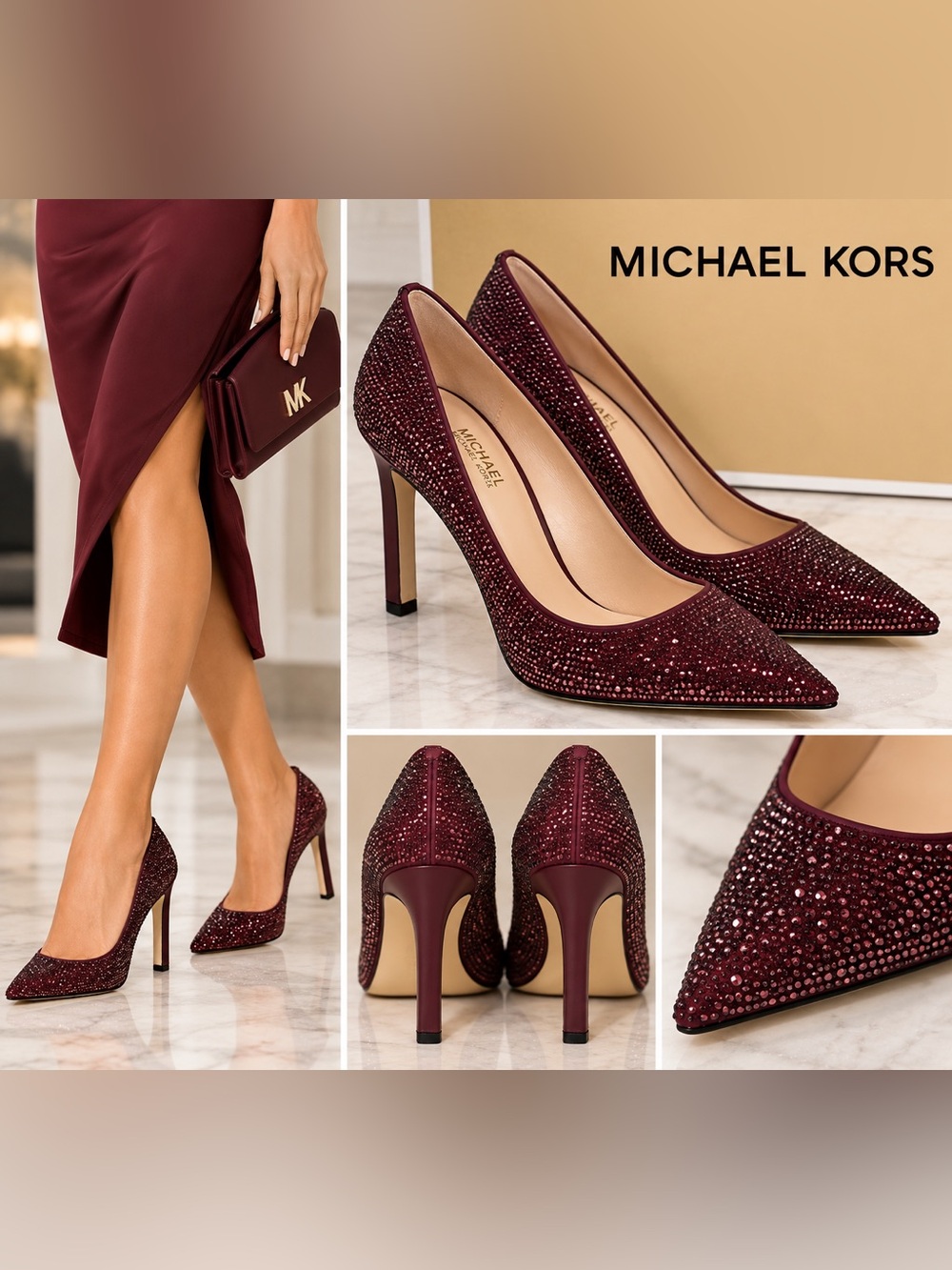 MICHAEL Michael Kors Dorothy Flex Rhinestone Pumps Burgundy Size 8.5 New